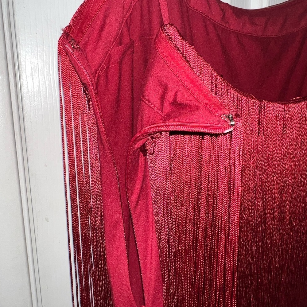 COMMENSE Florence Fringed Open Back Short Dress XL NWT Sold Out Online Burgundy - Picture 10 of 11
